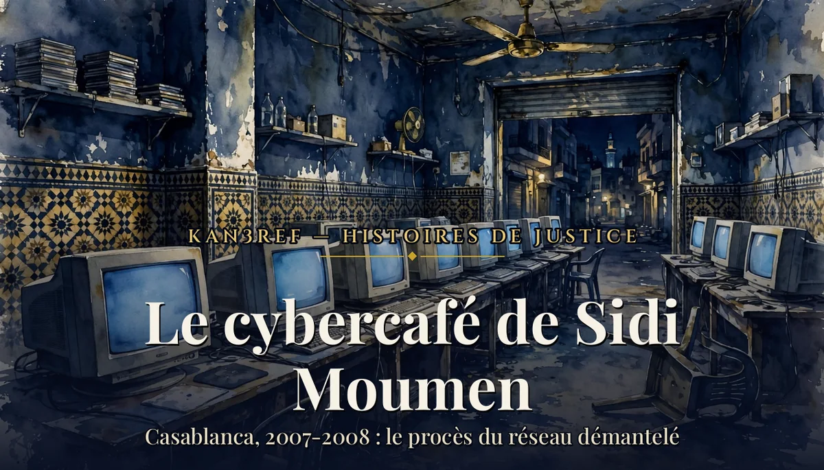 Illustration aquarelle marine et or de l'intérieur d'un cybercafé casablancais des années 2000, la nuit : deux rangées d'écrans cathodiques bleutés, carrelage en zellige, une chaise renversée, la rue sombre visible par la porte ouverte