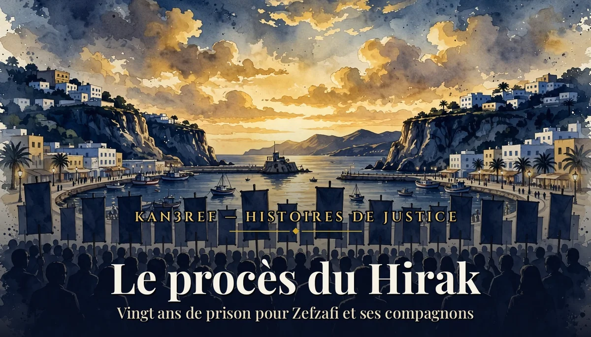 Aquarelle aux tons marine et or : la baie d'Al Hoceima au crépuscule, une foule de silhouettes vues de dos brandissant des banderoles vierges face au port