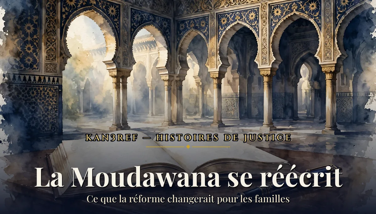 Aquarelle marine et or : un grand livre ouvert aux pages vierges et un stylo-plume devant les arches sculptées d'un palais marocain baigné de lumière.