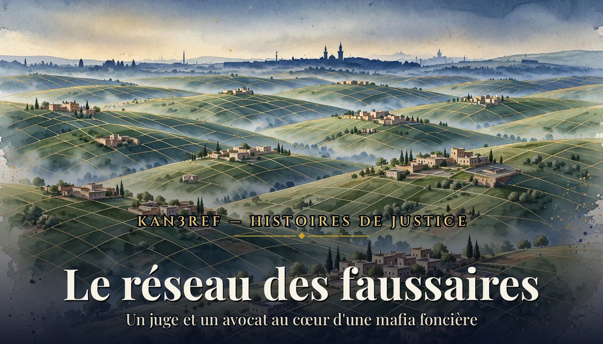 Aquarelle marine et or : collines verdoyantes du Moyen Atlas quadrillées de lignes cadastrales dorées, villages et silhouette de Fès au loin