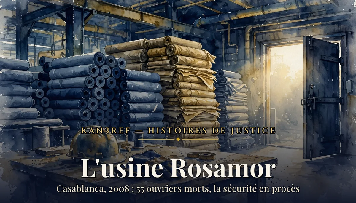 Aquarelle : intérieur d'une usine de matelas, piles de rouleaux de tissu et de mousse, casque de chantier sur un établi, porte ouverte sur la lumière du matin