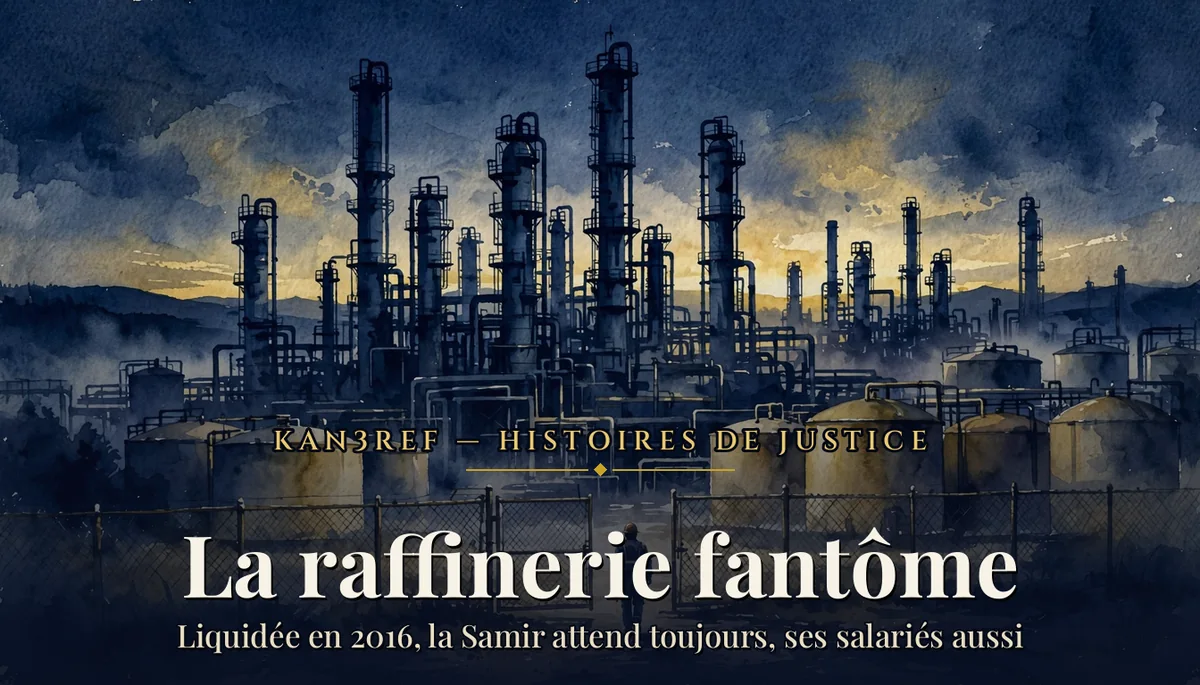 Aquarelle : raffinerie de pétrole silencieuse au crépuscule, tours de distillation et cuves derrière une clôture, silhouette lointaine d'un ouvrier casqué