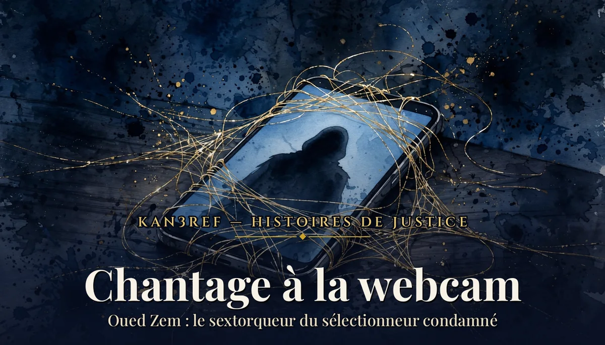 Aquarelle marine et or : un smartphone posé dans la pénombre, son écran affichant une silhouette anonyme, encerclé de fils dorés qui se resserrent comme un filet