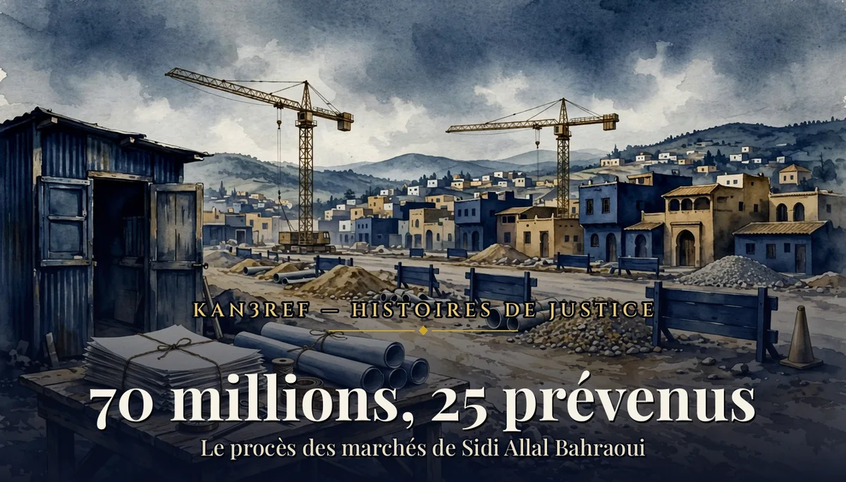 Illustration aquarelle marine et or : chantier de voirie inachevé, grues et plans roulés dans une petite ville marocaine
