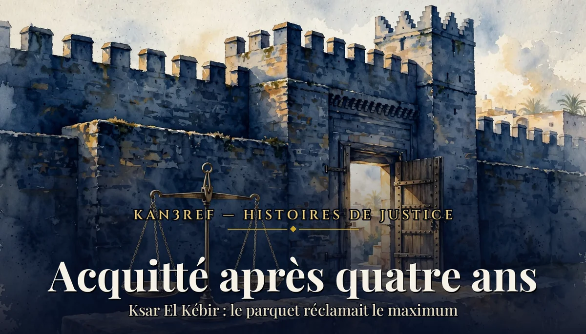 Illustration aquarelle marine et or : rempart almohade, porte de bois ouverte sur la lumière et balance de justice équilibrée