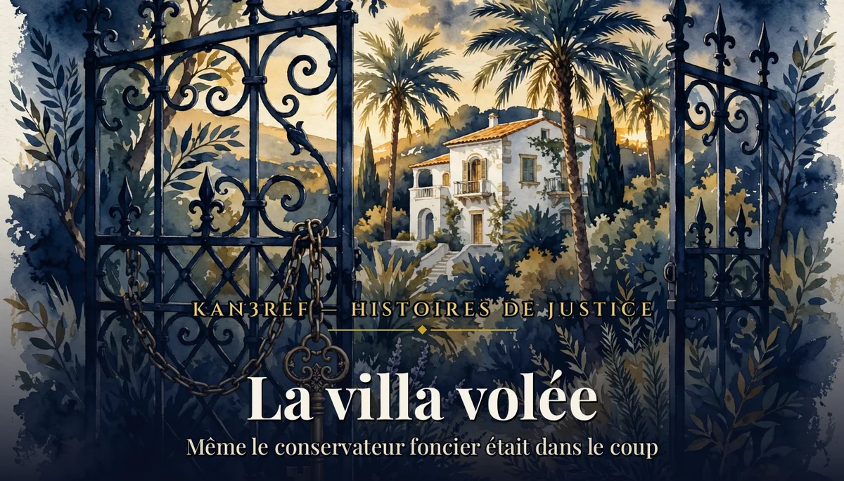 Aquarelle marine et or : villa blanche aperçue entre les palmiers derrière un portail en fer forgé entrouvert, clé ancienne dorée au premier plan
