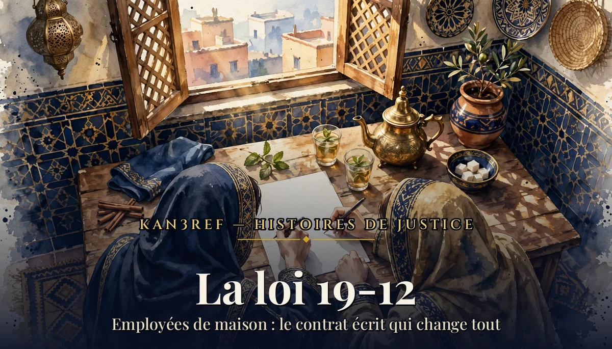 Aquarelle : deux personnes vues de dos signant un contrat sur une table de cuisine marocaine, théière dorée et verres de thé à côté