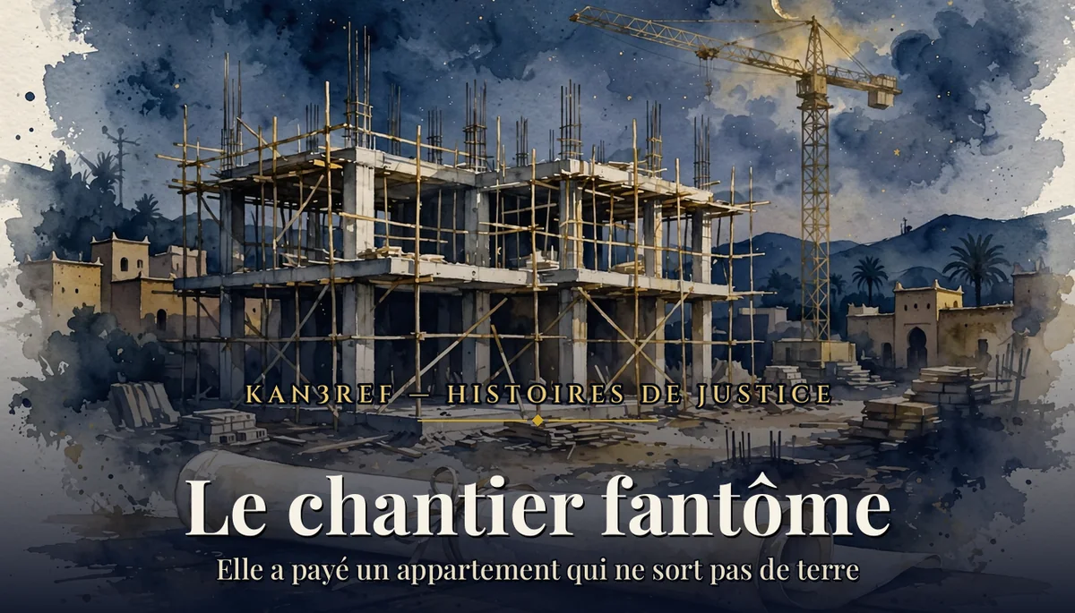 Aquarelle marine et or : immeuble en béton inachevé sous échafaudages, grue immobile au crépuscule et plan d'architecte roulé au premier plan