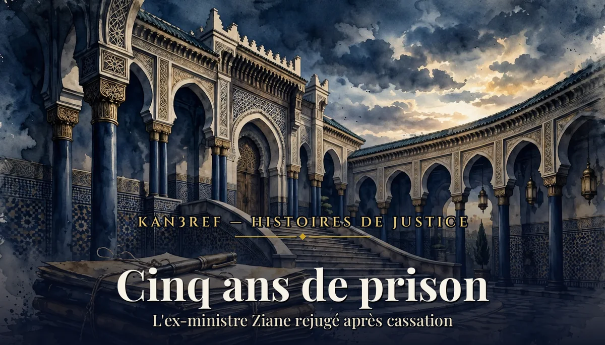 Aquarelle d'une cour de palais de justice marocain aux arches et colonnes marine et or, dossiers ficelés et stylo-plume au premier plan, ciel dramatique