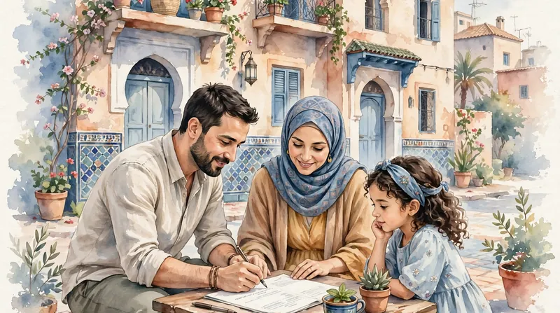 Aquarelle : une famille marocaine signe un document dans une médina aux tons bleus